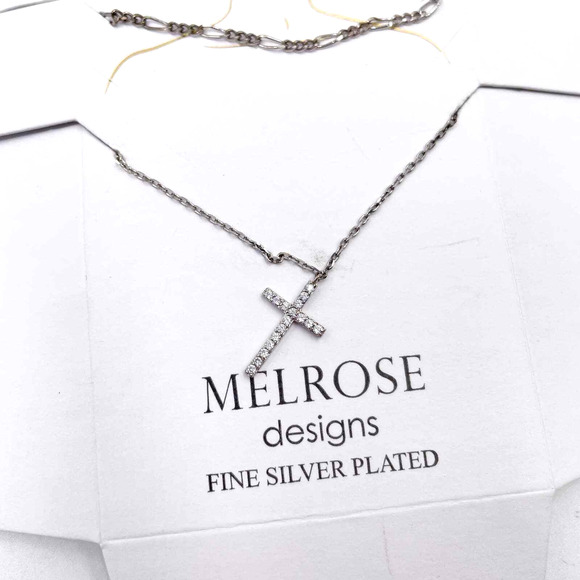 Melrose Design Cross Necklace Silver Plated Layered Cuban Chain Pave - Picture 2 of 5